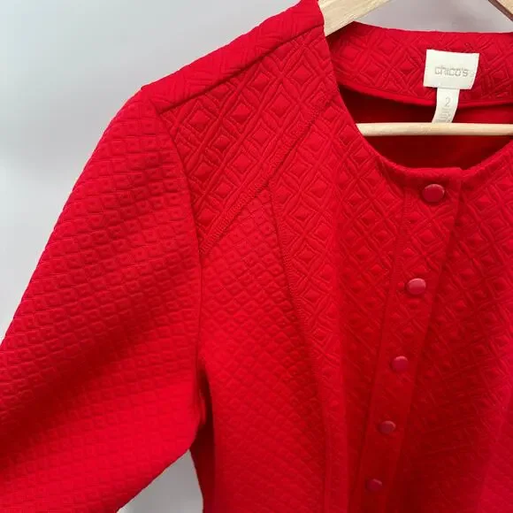 CHICO'S Red Quitled Textured Snap Closure Knit Jacket Blazer // L - Picture 5 of 13